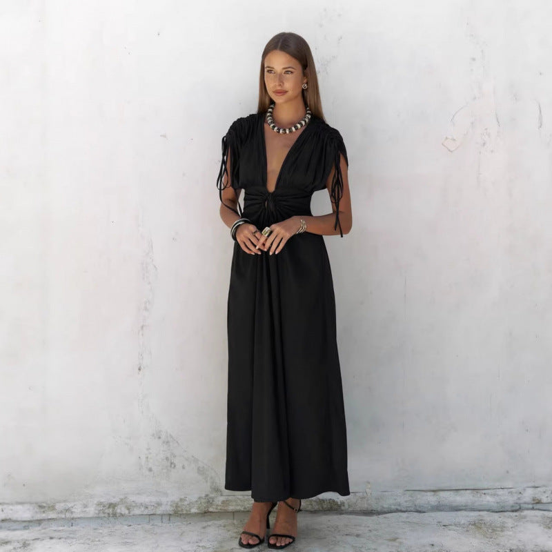Women's Elegant Maxi Dress with Refined Wrap Design and Deep V-Neck