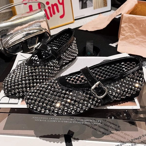 Women's Ballet Flats with Rhinestone Trim and Adjustable Strap