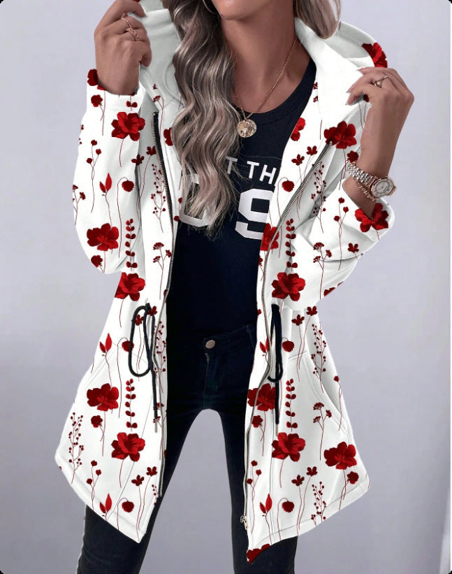 Women's Floral Print Coat with Hood and Full-Length Zipper