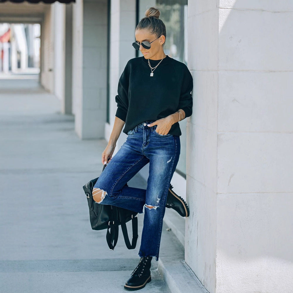Women's Cropped Jeans with Distressed Details