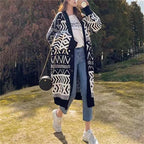 Women's Long Cardigan with Graphic Design and Deep Pockets