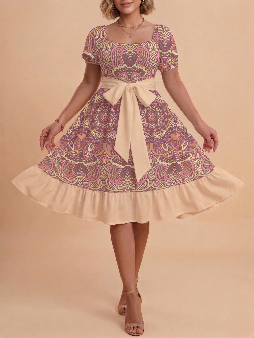 Women's A-Line Dress with Floral Motifs and Adjustable Belt