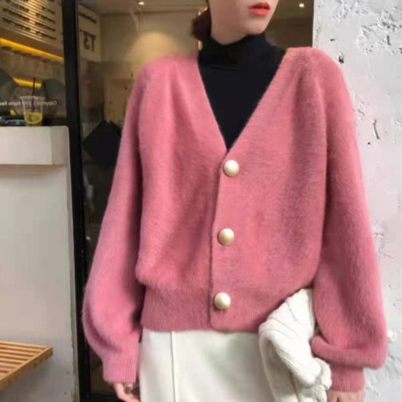 Women's Fluffy Cardigan with Elegant Button Details