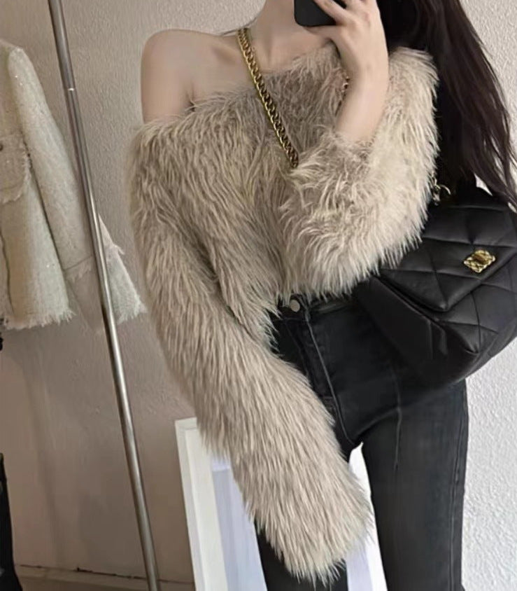 Women's Fluffy Off-Shoulder Long Sleeve Pullover