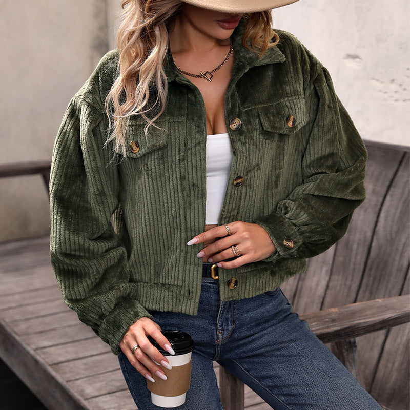 Women's Casual Corduroy Jacket with Two Chest Pockets and Button Placket