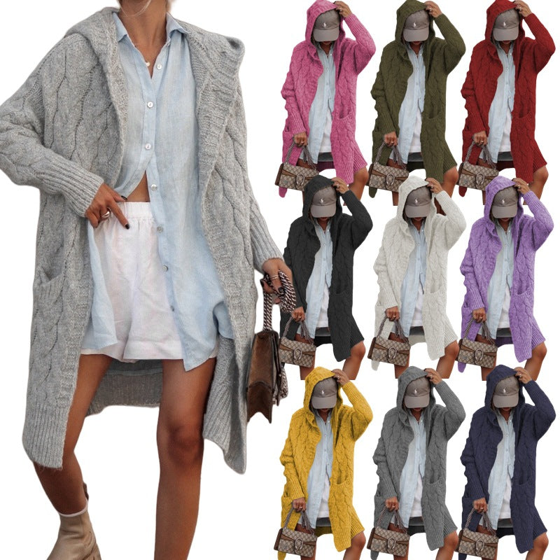 Women's Chunky Knit Cardigan with Open Cut and Hood