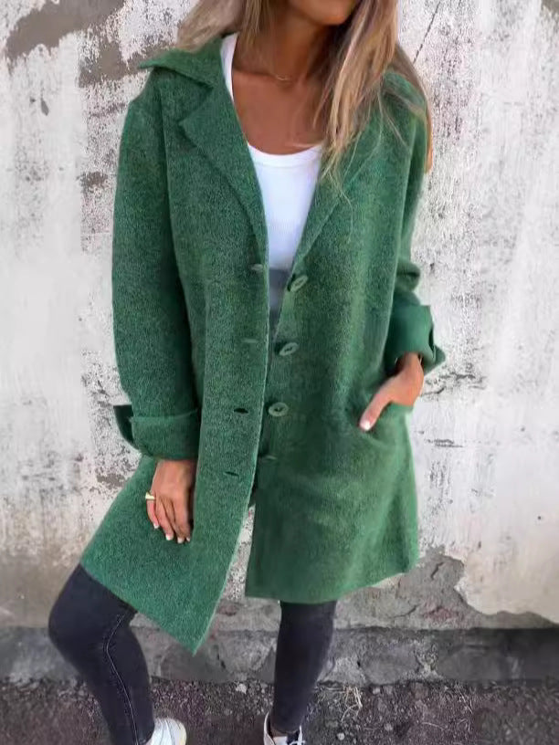 Women's Elegant Wool Jacket with Full Button Placket and Spacious Pockets