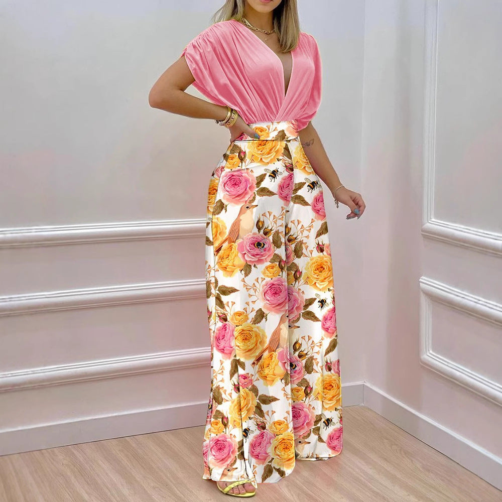 Women's Blouse Set with Wide-Leg Pants and Floral Print
