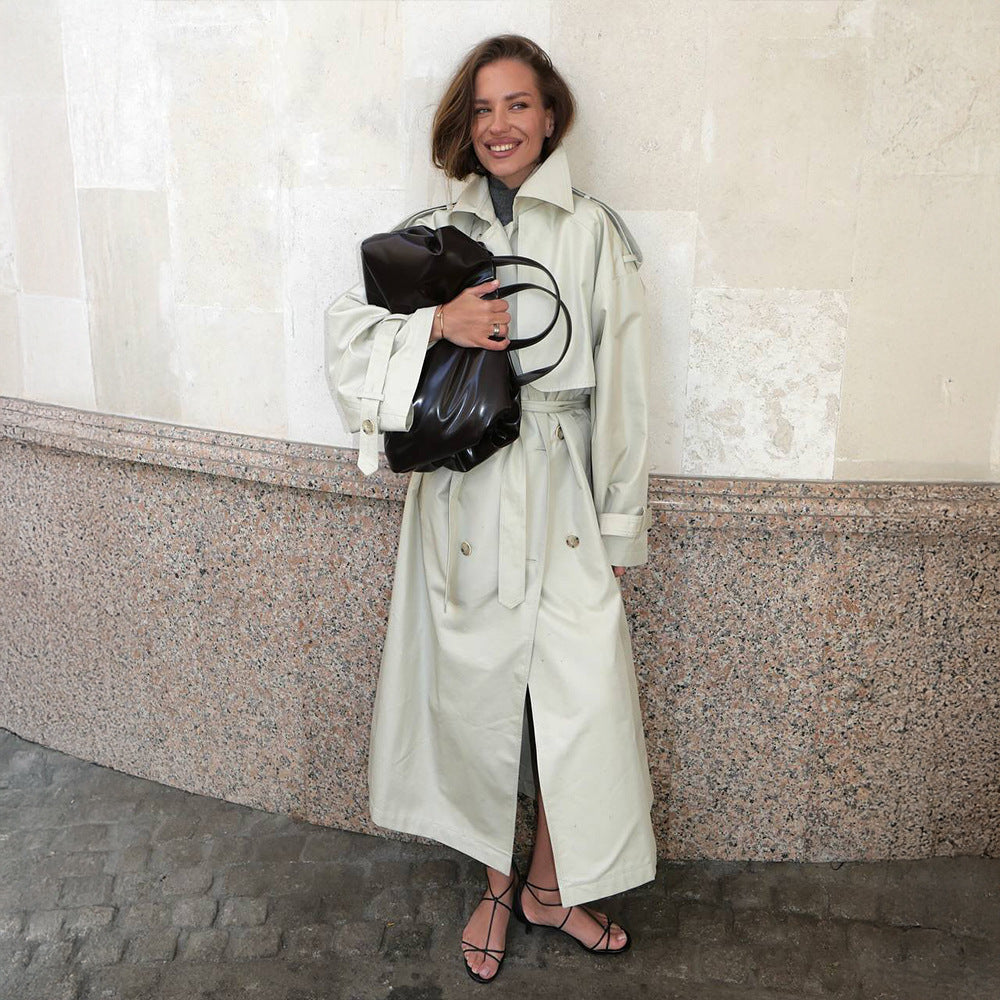 Women's Fashionable Trench Coat with Wide Belt and Wide Sleeves