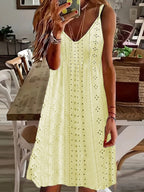 Women's Sleeveless Summer Dress with Decorative Eyelet Pattern and V-Neck