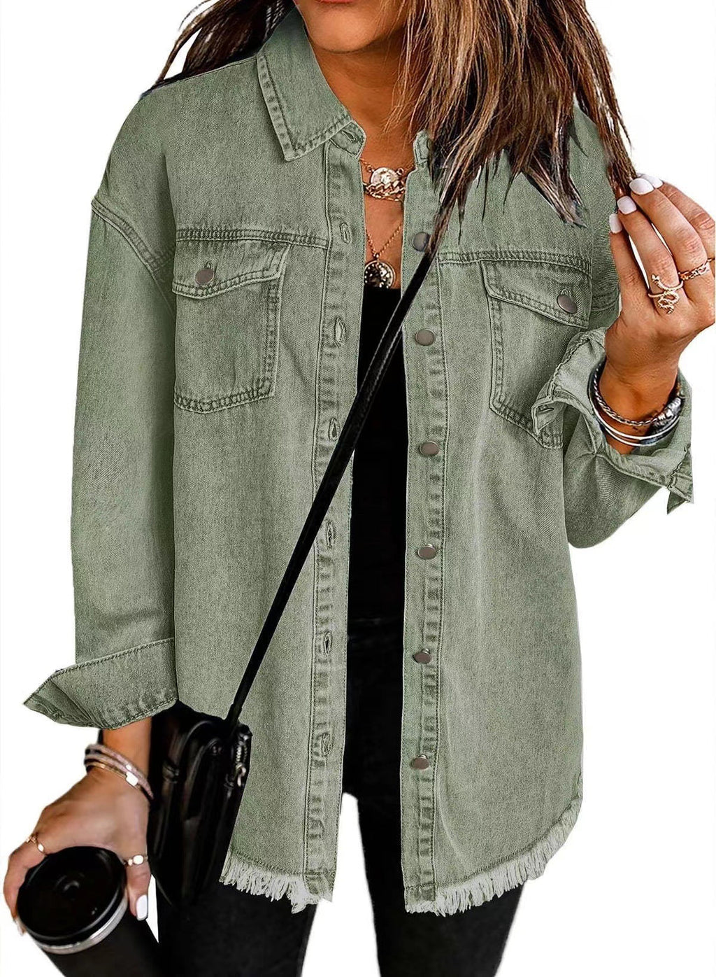 Casual Denim Shirt with Frayed Hems and Chest Pockets