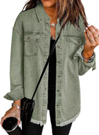 Casual Denim Shirt with Frayed Hems and Chest Pockets