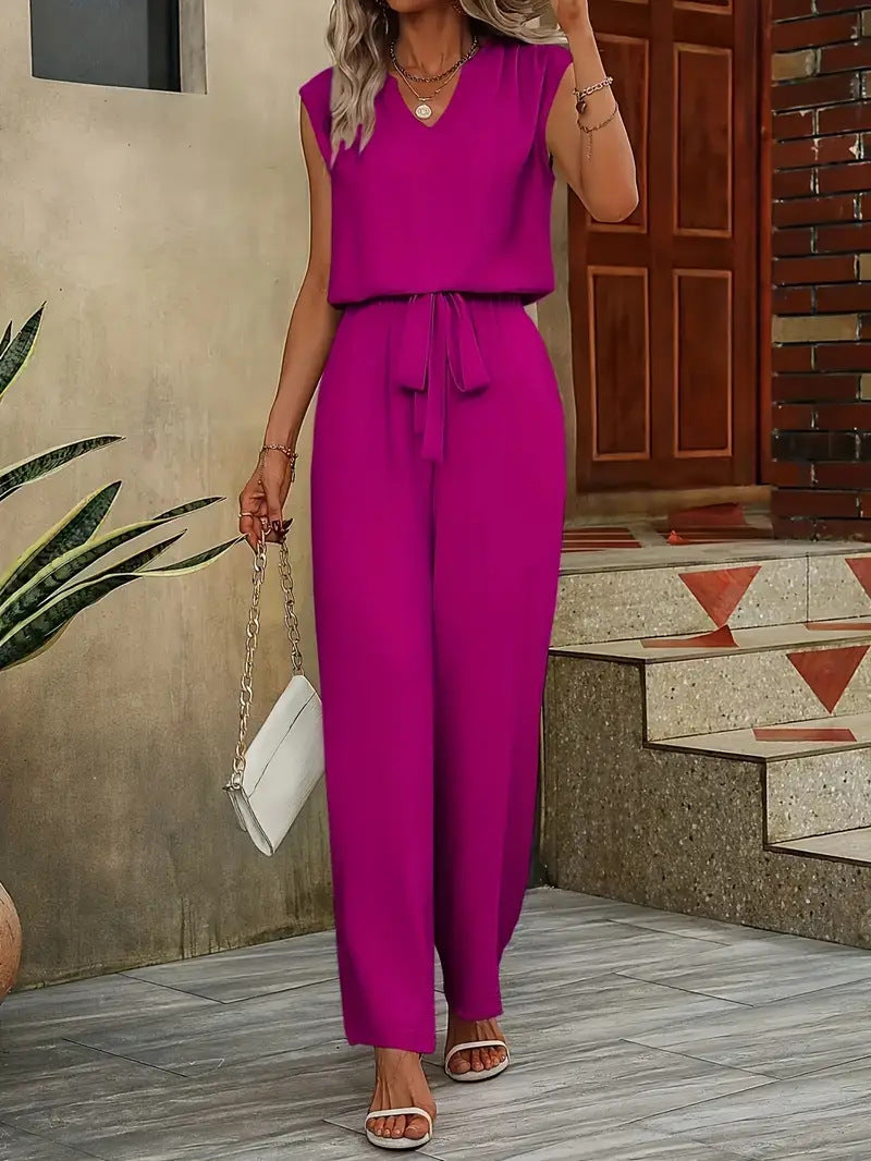 Women's Elegant Suit with V-Neck and Waist Tie