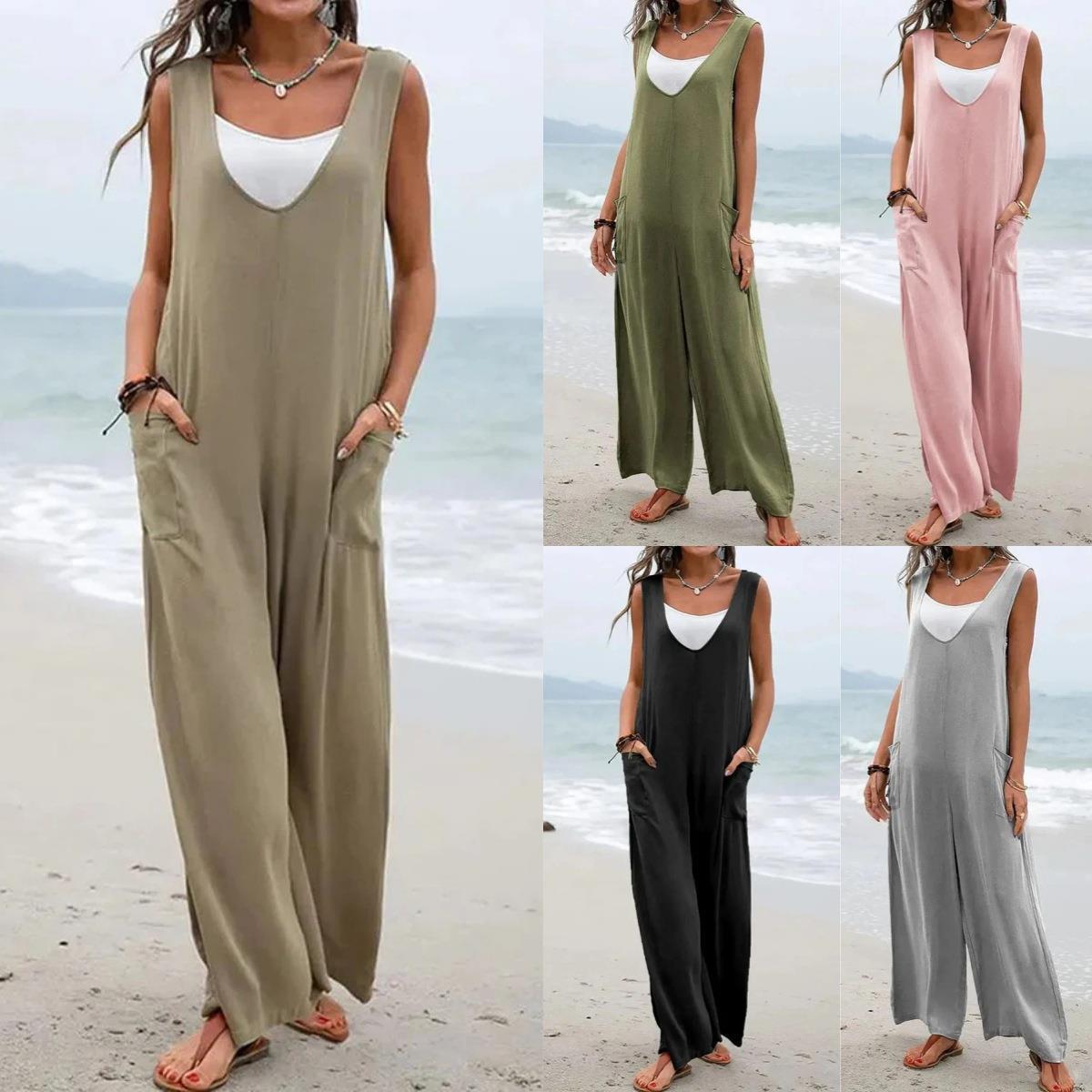 Casual Jumpsuit with Deep V-Neck and Practical Pockets