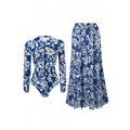 Women's Long-Sleeve Swimsuit with Floral Maxi Skirt