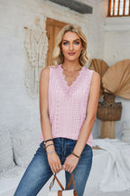 Women's Sleeveless Top with Decorative Eyelet Patterns and Lace Trim