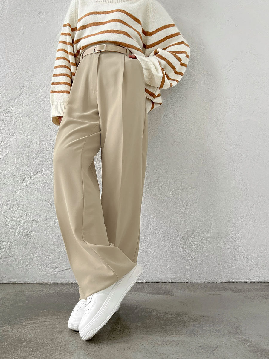 Women's Elegant High-Waist Trousers with Pressed Crease and Tie Belt