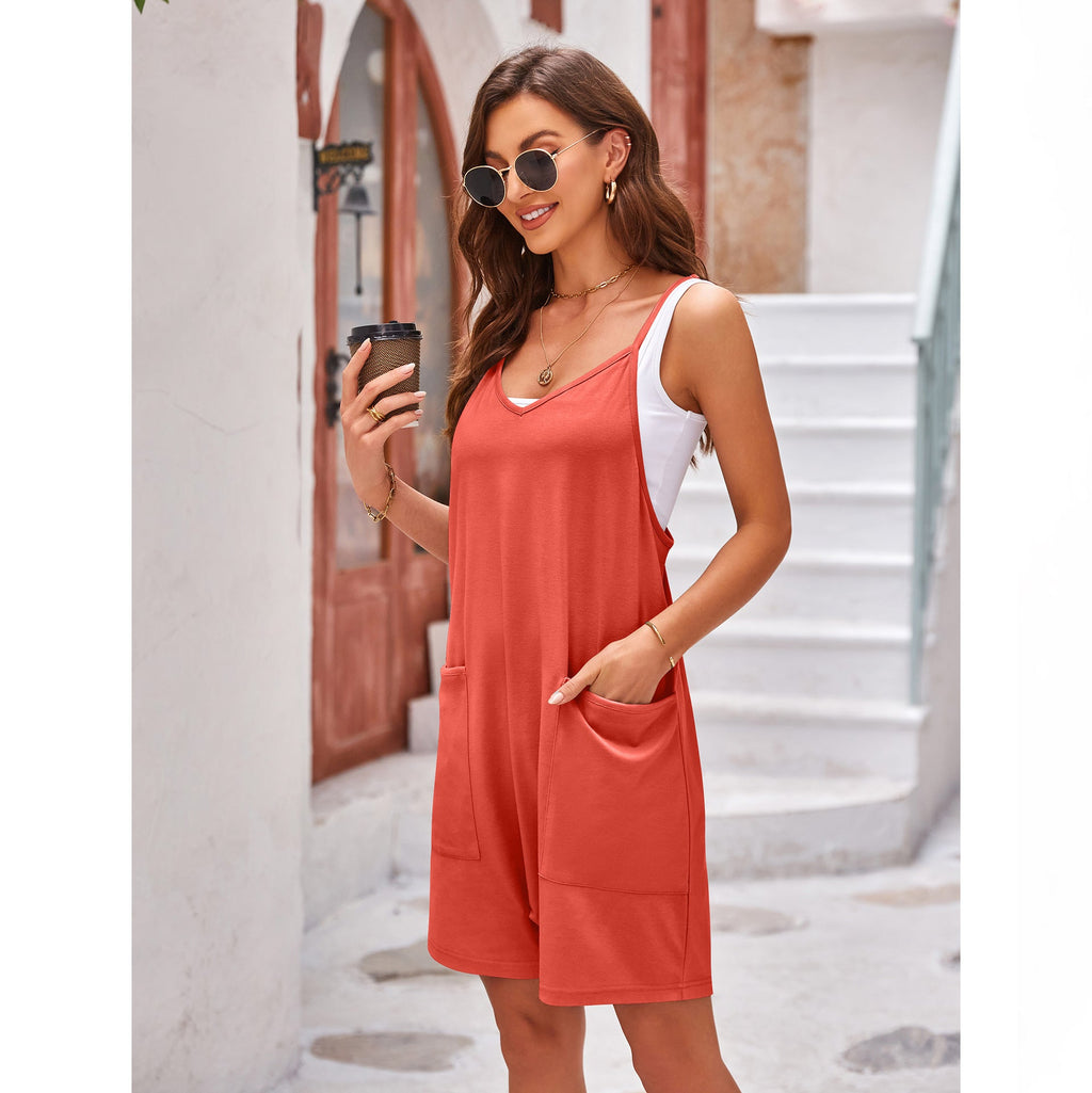 Women's Comfortable Jumpsuit with Deep Neckline and Pockets