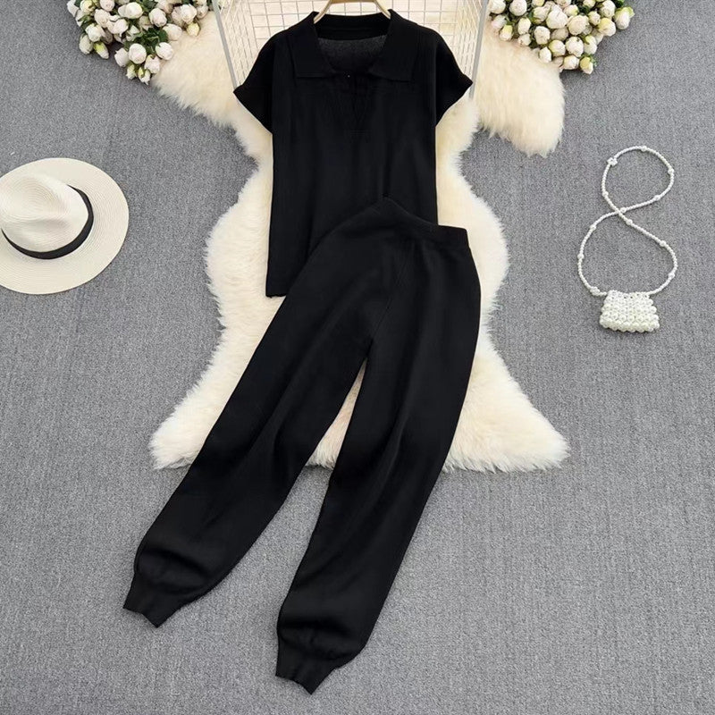 Women's Elegant Lounge Set with Short-Sleeve Polo and Wide-Leg Pants