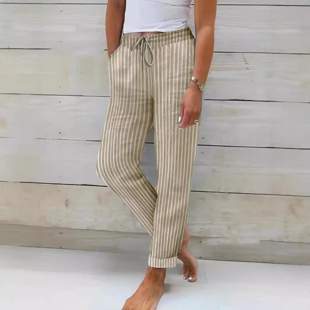 Women's Relaxed Cotton Striped Trousers with Adjustable Waist