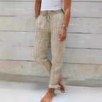 Women's Relaxed Cotton Striped Trousers with Adjustable Waist