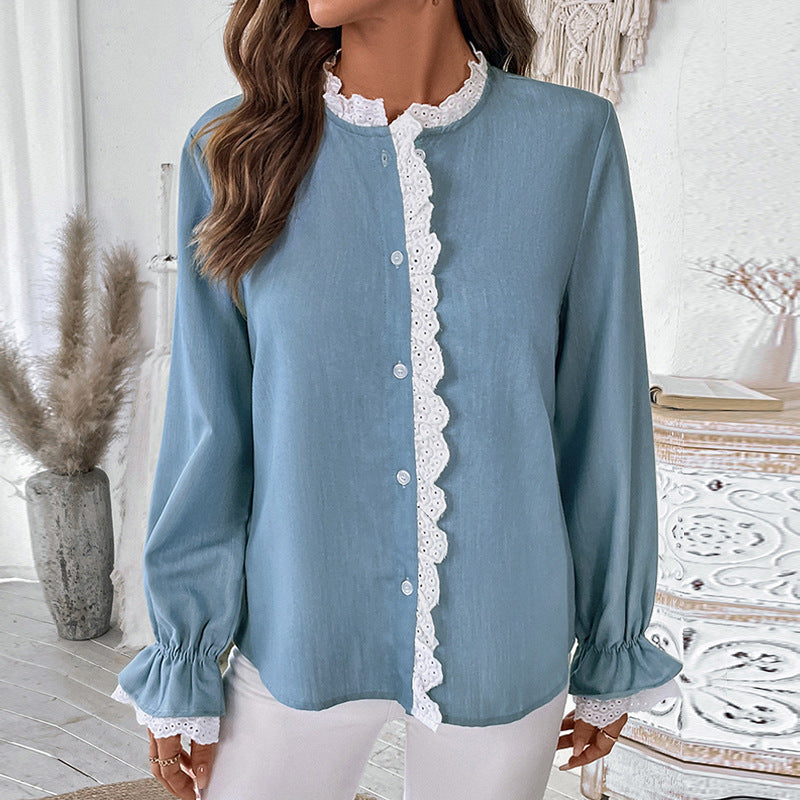 Long Sleeve Blouse with Lace Accents
