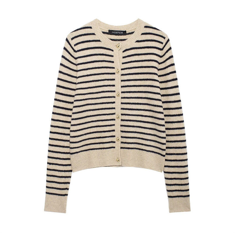Women's Striped Knit Cardigan with Gold Buttons