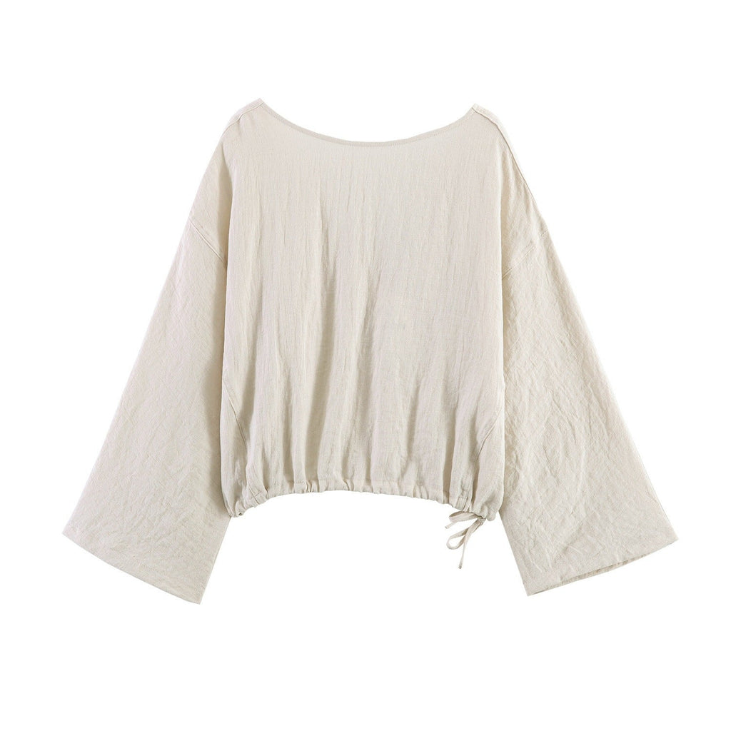 Casual Blouse with Wide V-Neck and Elastic Hem