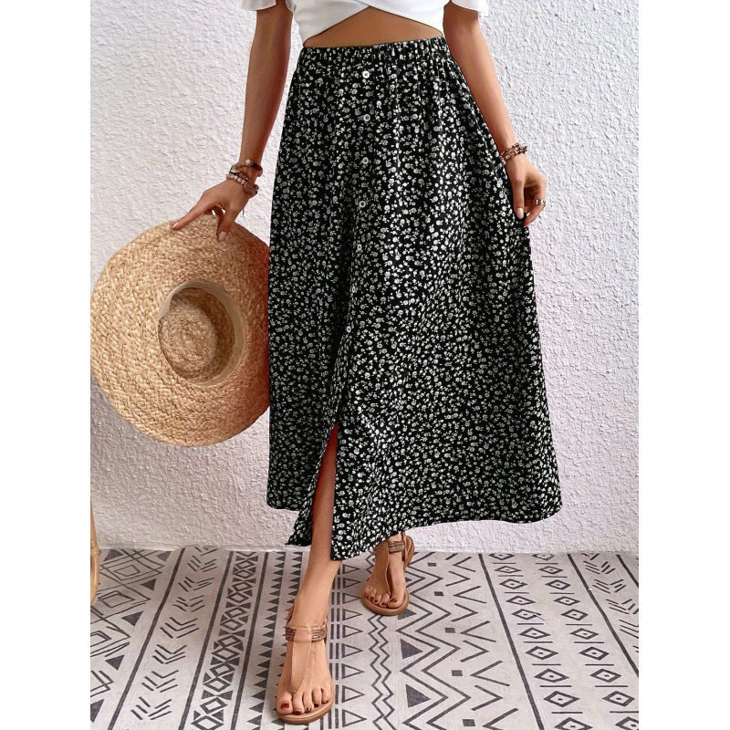 Women's Maxi Skirt with Floral Design and Button Details
