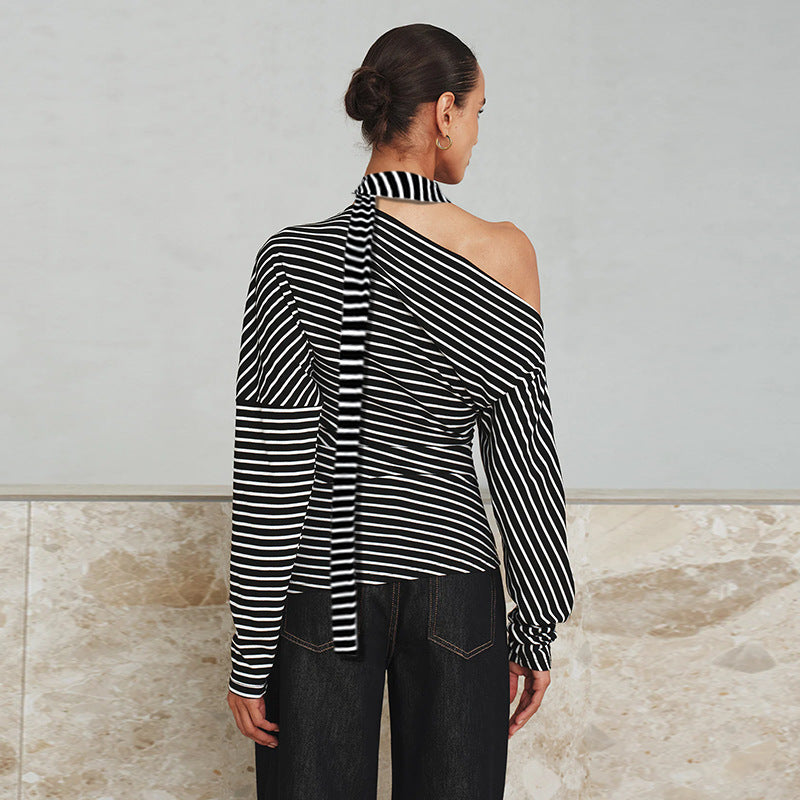 Women's Asymmetrical Long-Sleeve Shirt with Fashionable Stripes and Halter Neck