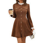 Women's Corduroy Dress with Pearl Button Placket and Ruffle Collar