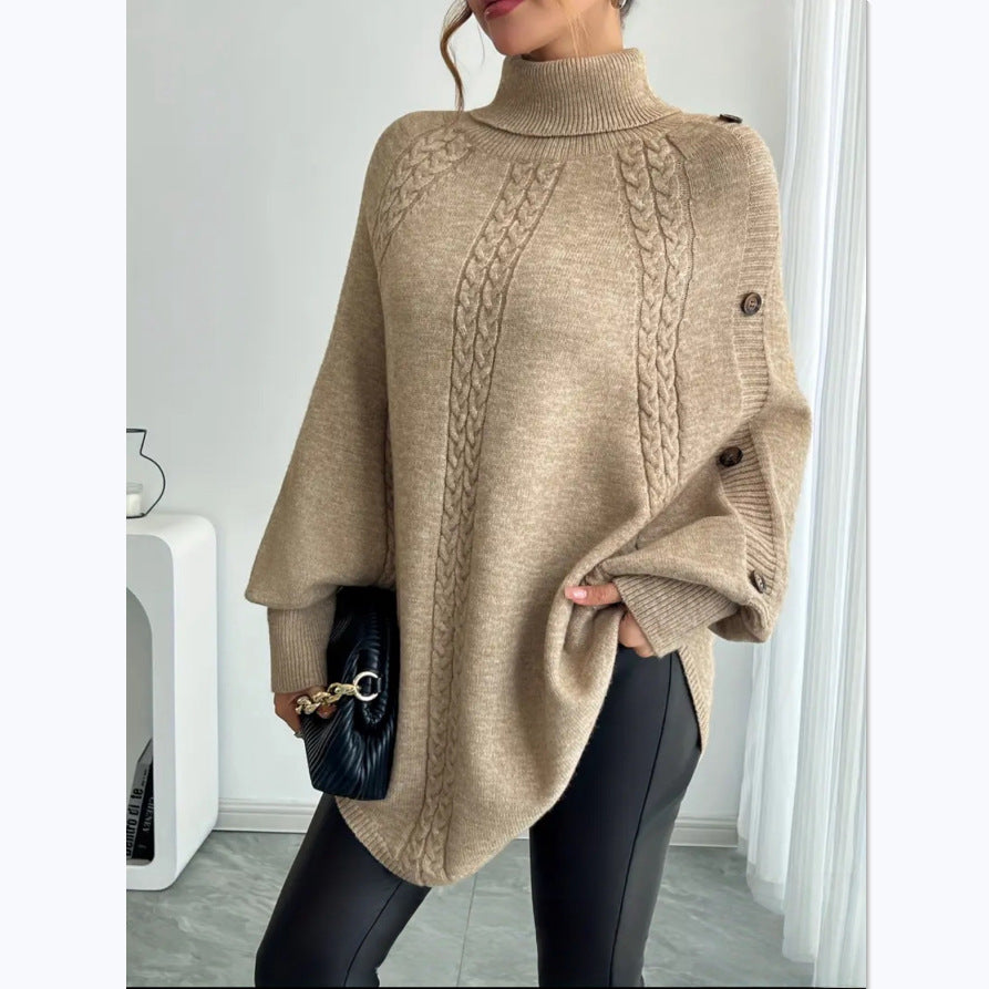 Women's Elegant Knit Poncho with Turtleneck and Cable Knit Pattern