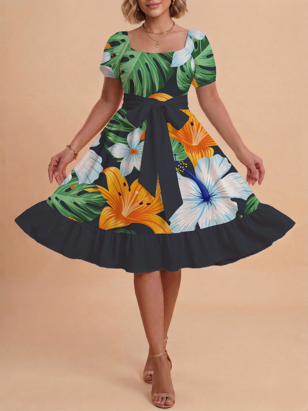 Women's A-Line Dress with Floral Motifs and Adjustable Belt