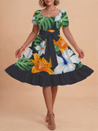 Women's A-Line Dress with Floral Motifs and Adjustable Belt