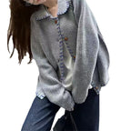 Women's Comfortable Knit Cardigan with Contrast Button Details and Large Collar