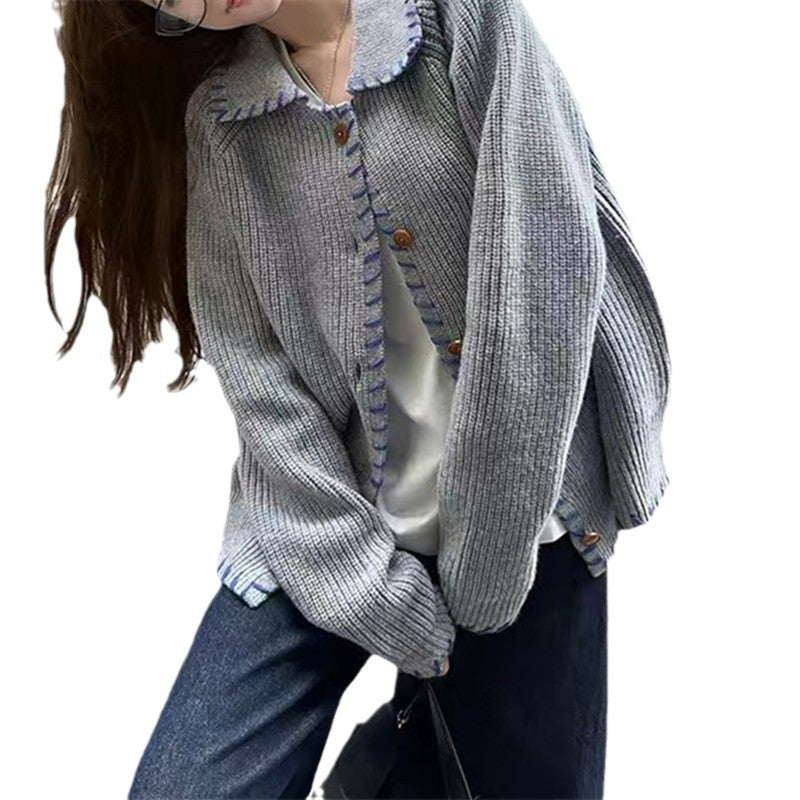 Women's Comfortable Knit Cardigan with Contrast Button Details and Large Collar