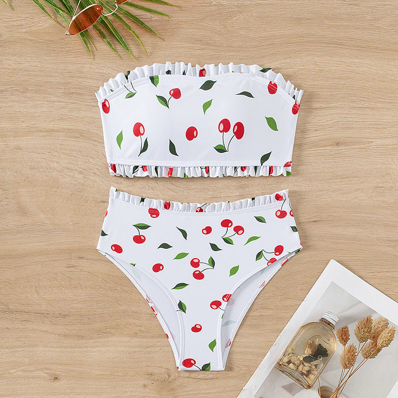 Women's Bandeau Bikini with Cherry Pattern and Ruffle