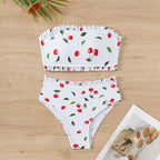 Women's Bandeau Bikini with Cherry Pattern and Ruffle