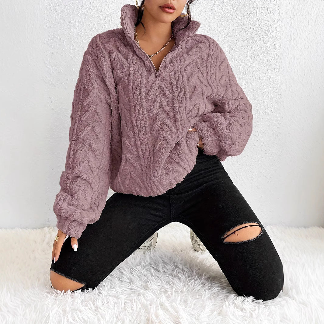 Women's Patterned Oversized Fleece Pullover with High Collar