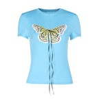 Women's Basic T-Shirt with Butterfly Print and Adjustable Drawstring
