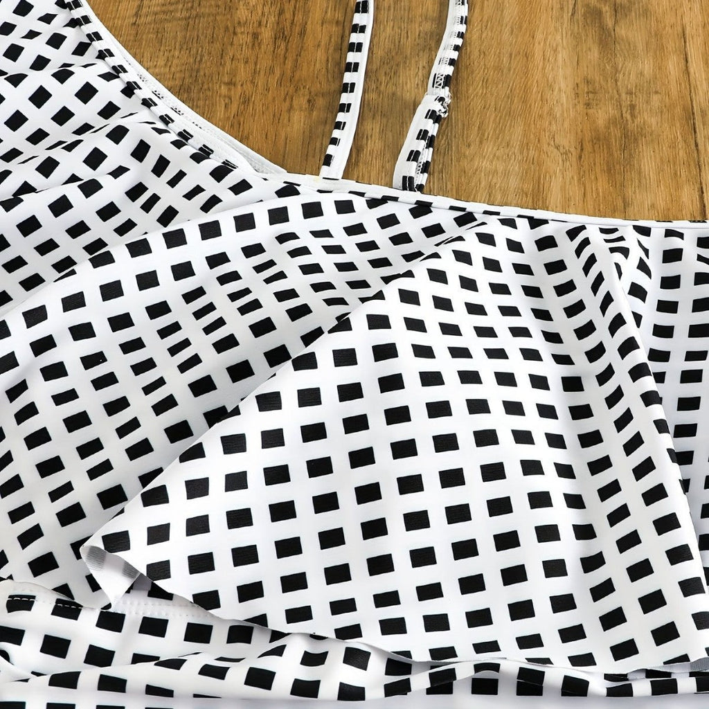 Women's Swimsuit Set with Ruffles and Plaid Pattern