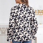 Women's Blouse with Modern Geometric Pattern and Elegant Ruffle Details