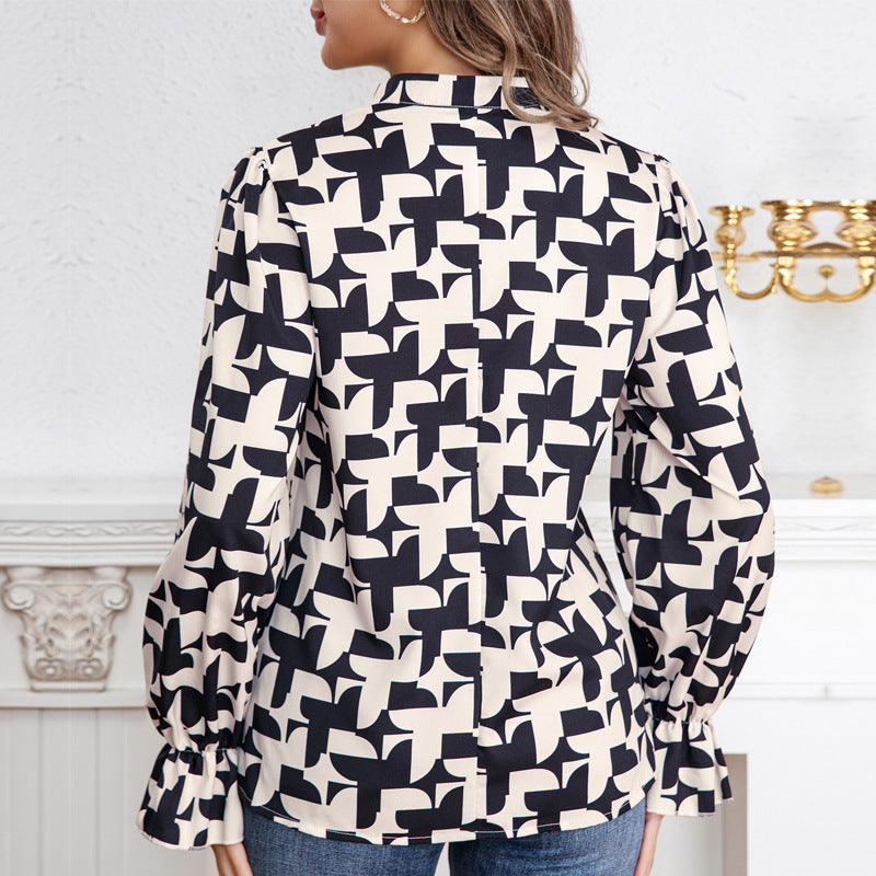 Women's Blouse with Modern Geometric Pattern and Elegant Ruffle Details