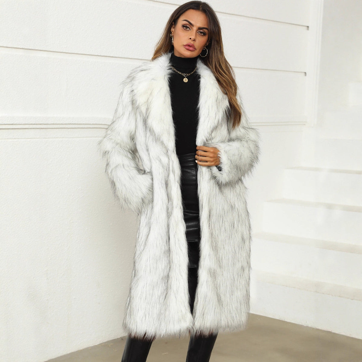 Women's Elegant Faux Fur Coat with Soft Fur Trim and Open Collar