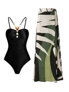 Women's Swimsuit with Elegant Wrap Skirt and Decorative Details