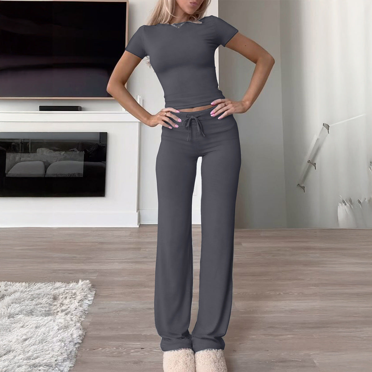Women's Comfortable Lounge Set with Crop Top and Wide-Leg Pants