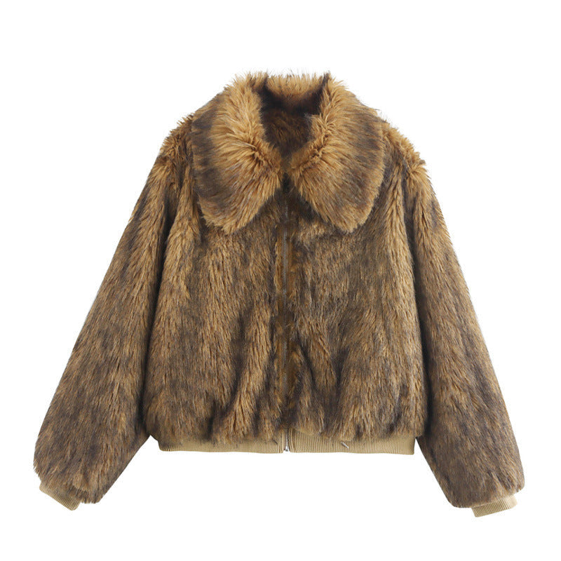 Elegant Faux Fur Jacket with Wide Collar