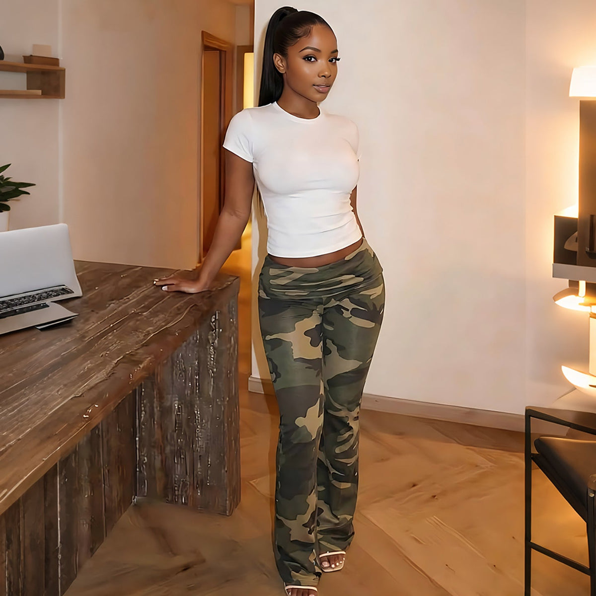 Women's Camouflage Pants with Elastic Waist and Fitted Cut