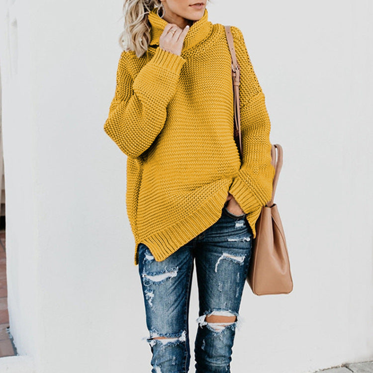 Women's Chunky Knit Sweater with High Collar and Casual Fit