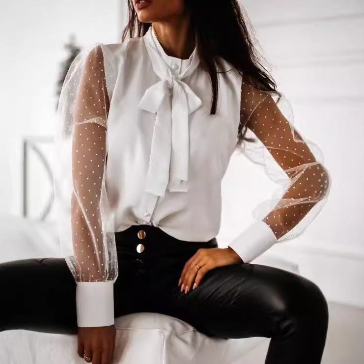 Women's Blouse with Sheer Puff Sleeves and Delicate Bow Detail